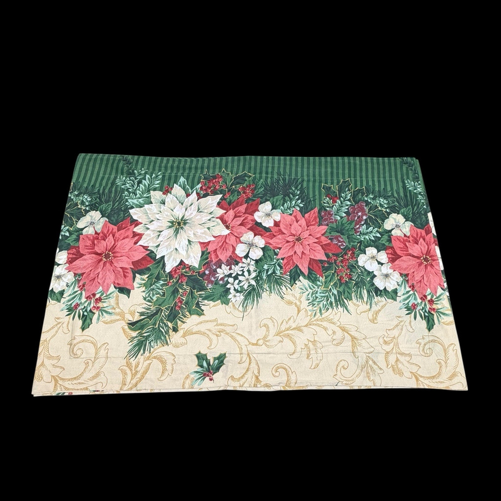 Vintage King Pillowcase Sham Christmas Poinsettia Holly Floral Holiday READ - Picture 2 of 9